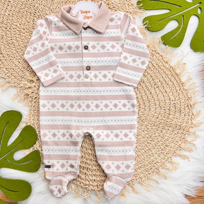 Macacão Tricotil (Tricot 100% Algodão) com Gola e Estampa Digital - Areia com Losango Macacão Tricotil (Tricot 100% Algodão) com Gola e Estampa Digital - Areia com Losango